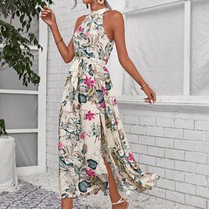 New Botanical Print High Split Hem Self Belted Halter Dress
